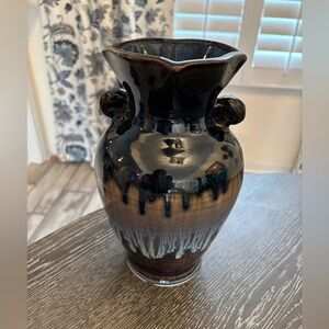 Blue 9 3/8" Bill Campbell Drip Glaze Art Pottery Handled Ram Vase ~signed ~